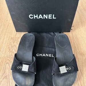 CHANEL Black Slides with Silver Logo